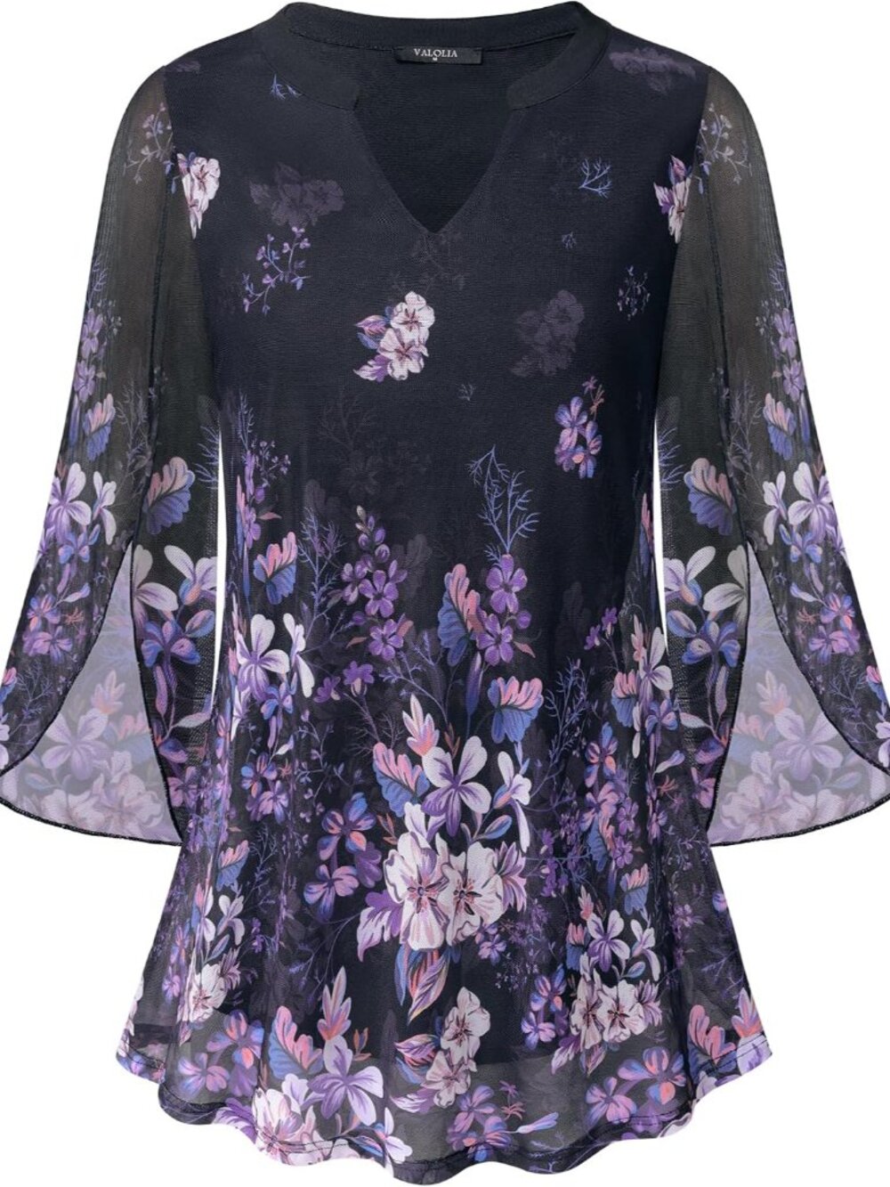Women's 3/4 Sleeve Floral Tunic Tops V Neck Double Layers Loose Fit Mesh Blouses